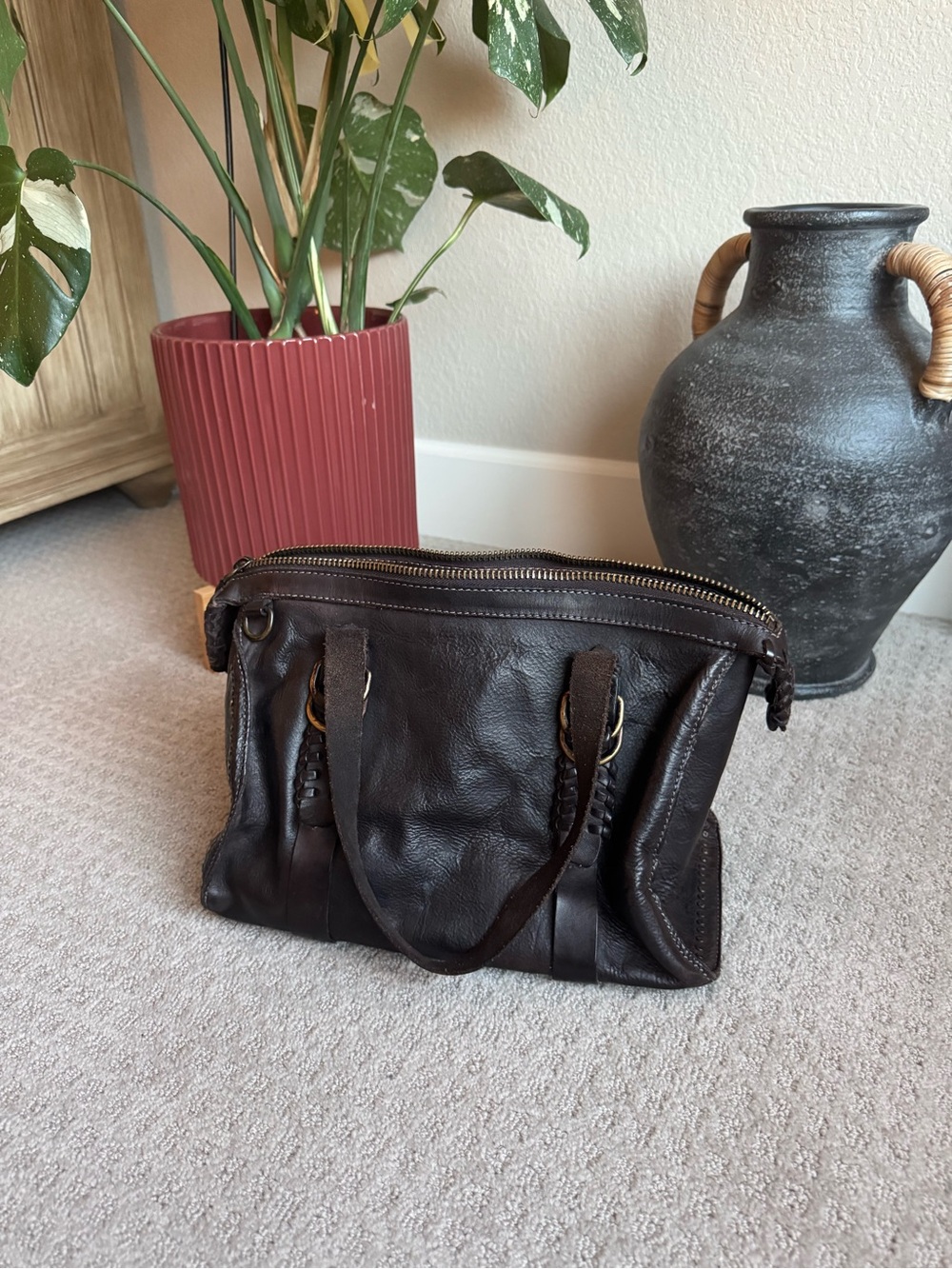 Frye Dark Brown Leather Handbag Interior Detail